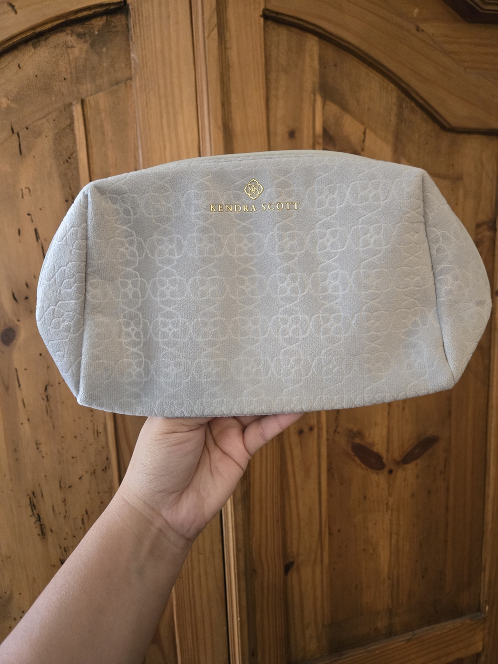 Kendra Scott Light Gray Embossed Logo Cosmetic Pouch with Gold Accent